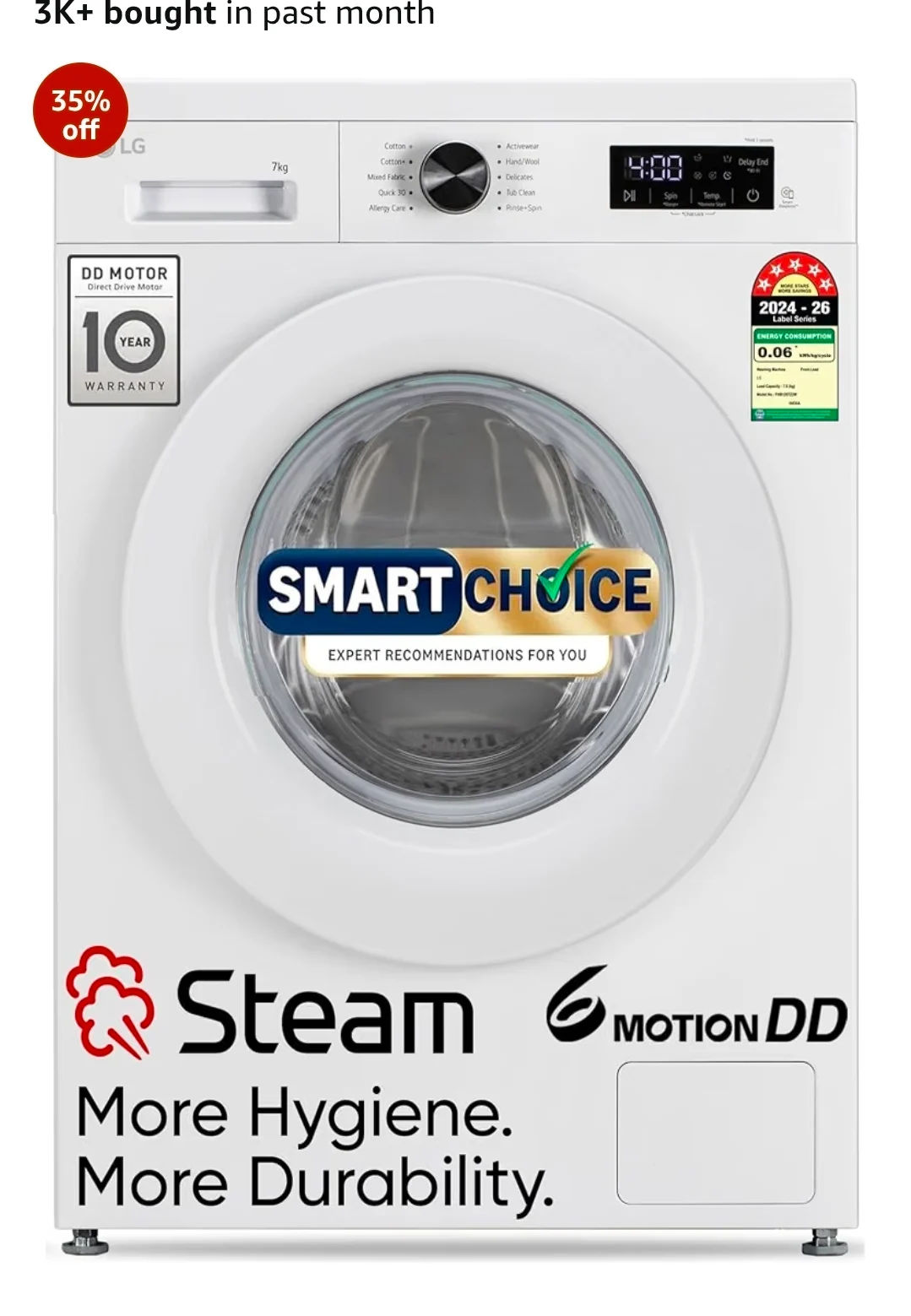 LG Smart Choice, 7 Kg, 5 Star, Steam, Inverter Direct Drive Technology, 6 Motion DD, Fully-Automatic Front Load Washing Machine (FHB1207Z2W, Remove Allergens & Stain, In-Built Heater, Essence White)