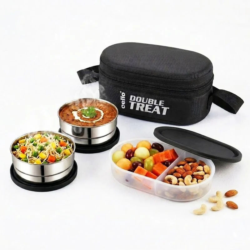 cello Double treat Lunch Box - 3 container 3 Containers Stainless Steel, Plastic Office Lunch Box (300 ml, Microwave Safe)