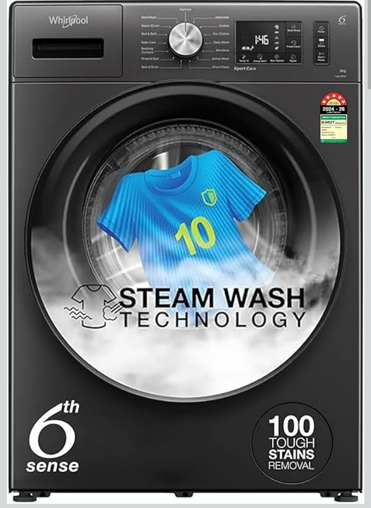 Whirlpool 8 Kg 5 Star Inverter Supreme Care Front Load Fully Automatic Washing Machine with In-Built Heater (XS8014BWME, MidNight Grey, Steam Technology, 100+ Tough Stains, 6th Sense Soft Move)