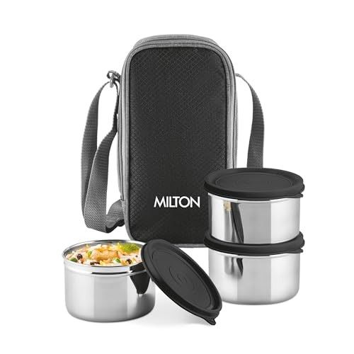 MILTON Stack Pack 3 Stainless Steel Lunch Box (3 X 500 ml containers) with Jacket, Leak Proof, Food Grade, Lightweight, Odour Proof, 1 Year Warranty, Ideal for Office, School, Travel, Black