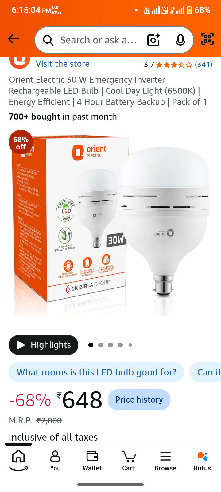 Orient Electric 30 W Emergency Inverter Rechargeable LED Bulb | Cool Day Light (6500K) | Energy Efficient | 4 Hour Battery Backup | Pack of 1