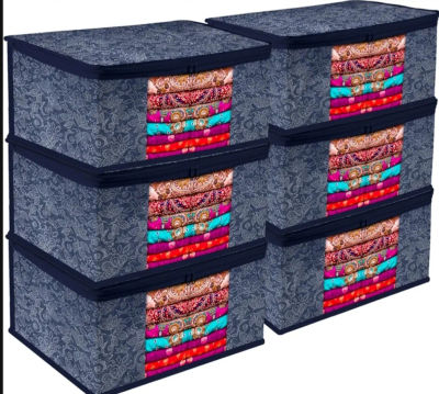 Kuber Industries Pack of 6 Non Woven Printed Saree Bags/Covers for Cloth Storage Set | Multipurpose Sarees Storage Bags for Suit, Lehanga, Dress | Sari/Shadi Organizer for Wardrobe | Navy Blue