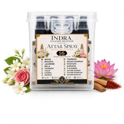 (Sample @ ₹199) INDRA SUGANDH BHANDAR Luxury Perfume Attar Spray For Pooja 10ml x 16pc Set Total 160ml
