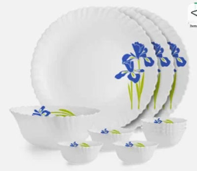 cello Pack of 10 Opalware Dazzle Opalware Blue Iris Dinner Set | Crockery Set | Blue Dinner Set (Blue, White, Microwave Safe)