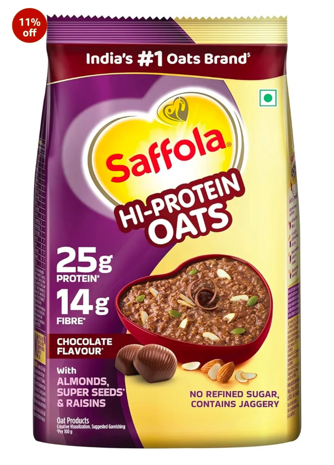 Saffola 1 Kg - ( 50% Coupon Apply ) High 25g Protein Oats | 14g Fibre | 1kg | No Refined Sugar | With Almonds, Raisin, Pumpkin and Chia Seeds | Rolled Oats for Weight management & Muscle gain | Chocolate flavour