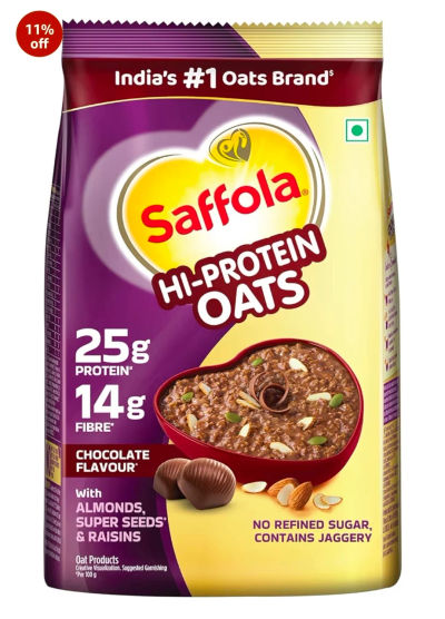 Saffola 1 Kg - ( 50% Coupon Apply ) High 25g Protein Oats | 14g Fibre | 1kg | No Refined Sugar | With Almonds, Raisin, Pumpkin and Chia Seeds | Rolled Oats for Weight management & Muscle gain | Chocolate flavour