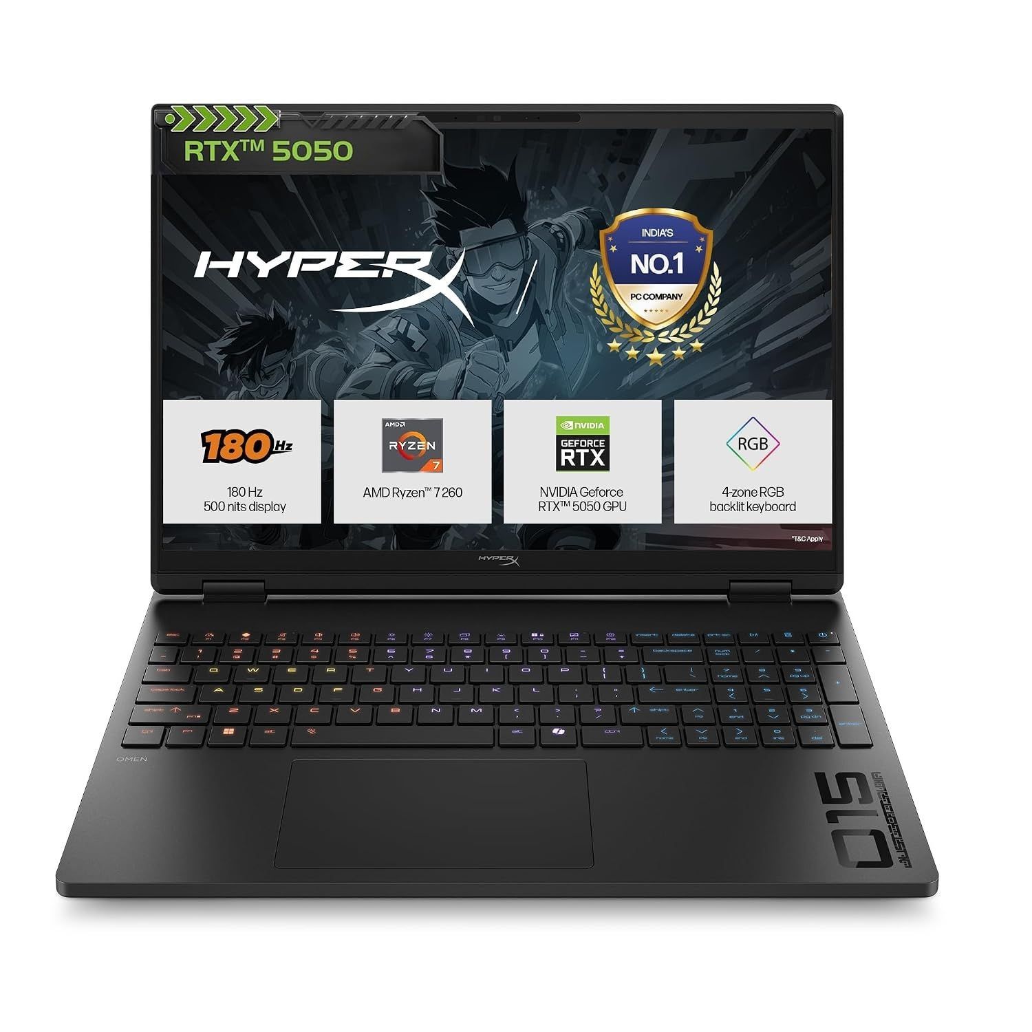 HP Smartchoice HyperX OMEN 15, AMD Ryzen 7 260, 8GB-RTX 5050, 24GB DDR5 (Upgradeable), 1TB SSD, 180Hz, 2.5K, 500 nits, 3ms RT, 15.3''/38.9cm, Win11, Office24, Black, 2.42kg, gb0038AX, AI Gaming Laptop