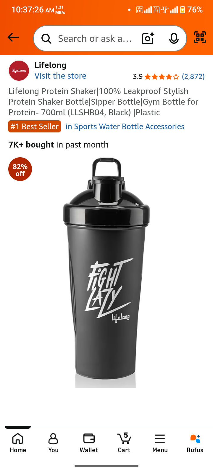 Lifelong Protein Shaker|100% Leakproof Stylish Protein Shaker Bottle|Sipper Bottle|Gym Bottle for Protein- 700ml (LLSHB04, Black) |Plastic