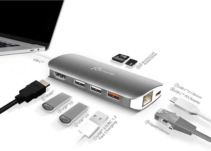 j5create USB-C Multiport Adapter, 7-in-1 USB-C Hub with 4K HDMI, USB 3.0 Ports, SD & microSD Card Reader, 100W Power Delivery