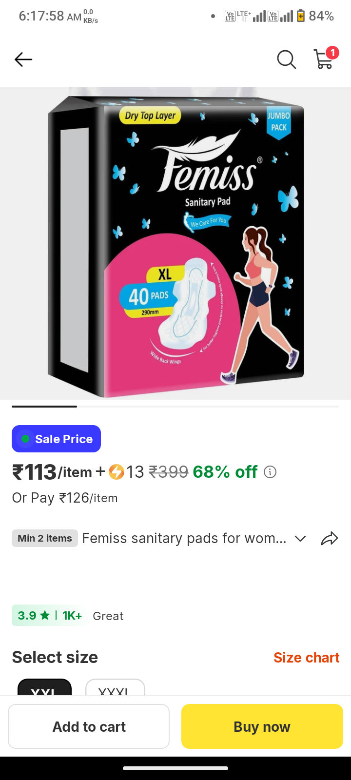 Femiss sanitary pads for women and girls trifold pad (xl-size, 290 mm) (40 pads each) sanitary pad