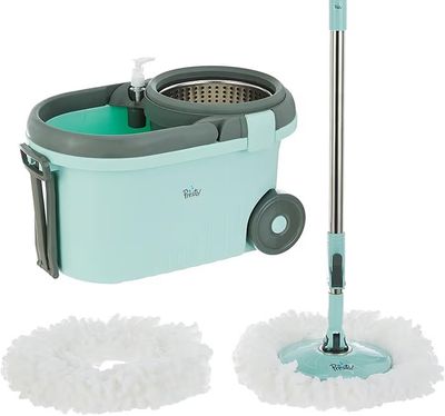 Amazon Brand - Presto! Clean Steel Spin Mop | Plastic & Stainless Steel | 2 Microfiber Refills | Big Wheels with Drag Handle