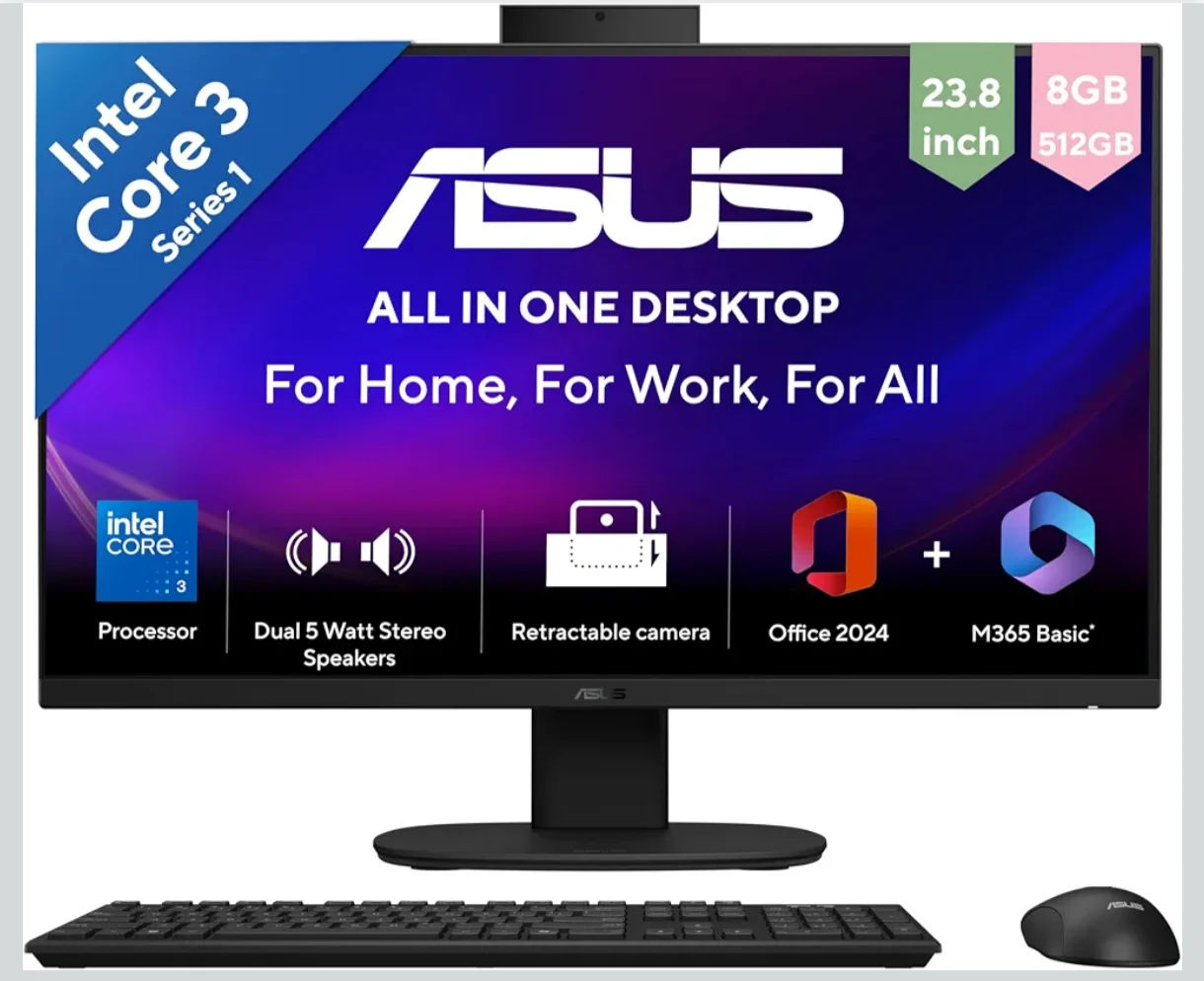 ASUS V440 (2026),i3-14th Gen,Intel Core 3 100U,Intel iGPU,8GB/512GB,FHD,23.8"(60.45 cm),Win 11,M365 Basic(1Y),Office 24,Black,5.46 kg,V440VAB-KBC3002WS,with Wireless Keyboard & Mouse,All in One PC