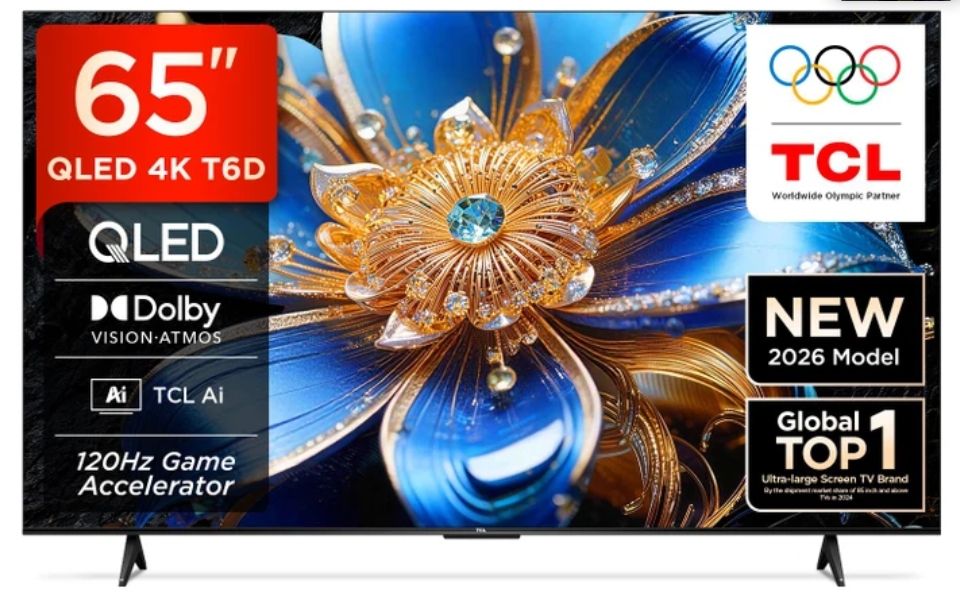 TCL T6D 163.83 cm (65 inch) QLED Ultra HD (4K) Smart Google TV 2026 Edition with HDR10+ Dolby Vision- Atmos 28W HVA Panel TCL AI Slim & Uni body Design (65T6D)
