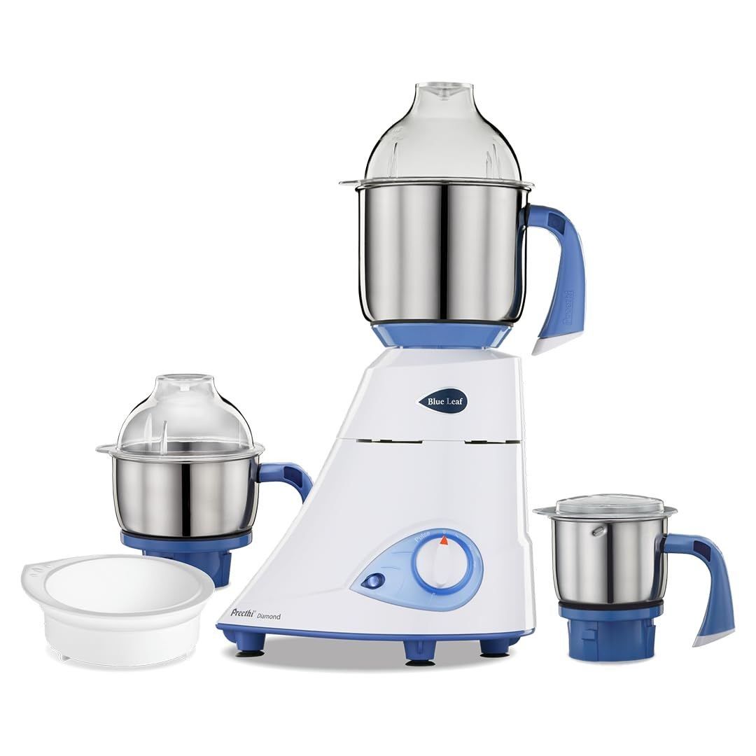 Preethi Diamond 750 Watts Mixer Grinder, 3 Jars (Stainless Steel) + Flexi Lid, Perfect Grinding for Masalas, Chutneys and Batters, 2 Year Warranty, Preethi's flagship Lifelong Free Service, White