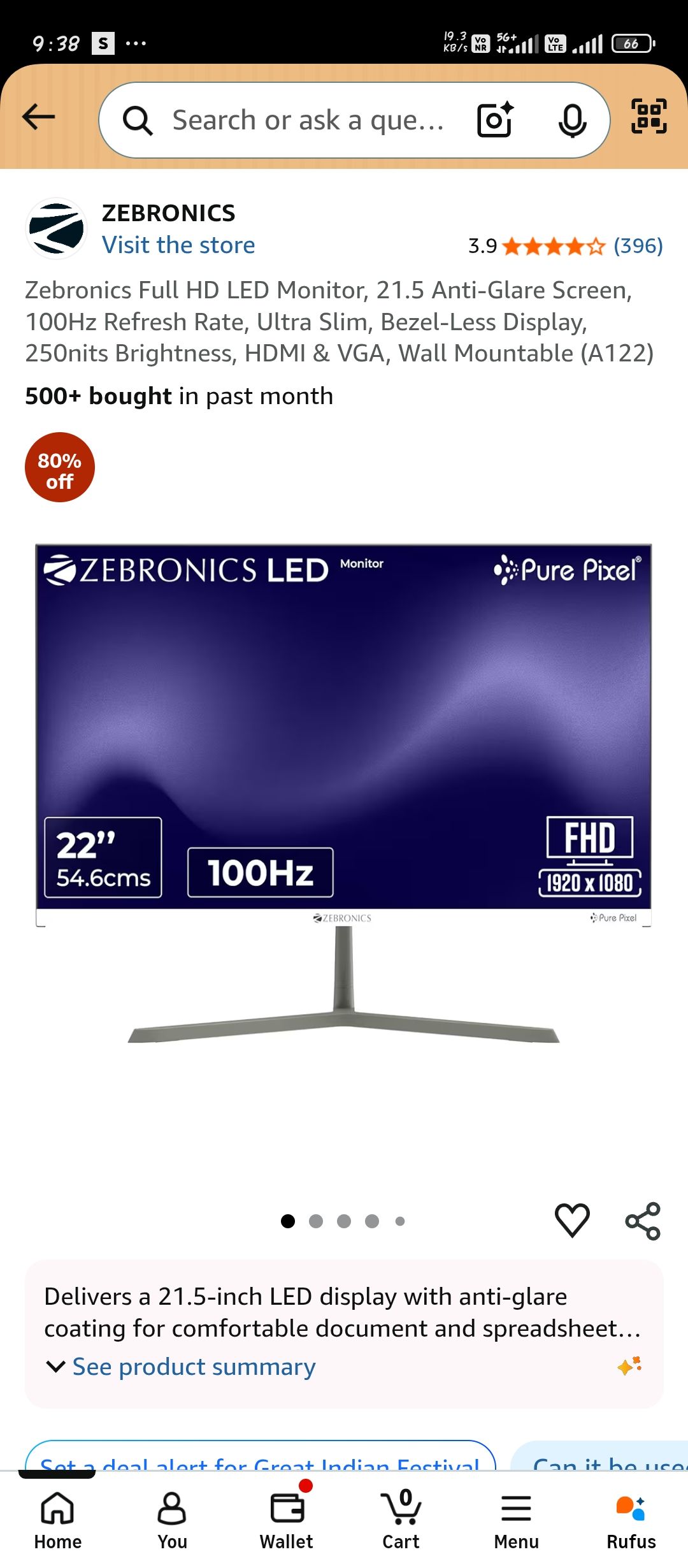 Zebronics Full HD LED Monitor, 21.5 Anti-Glare Screen, 100Hz Refresh Rate, Ultra Slim