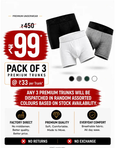3 Men's Premium Trunks for ₹99*