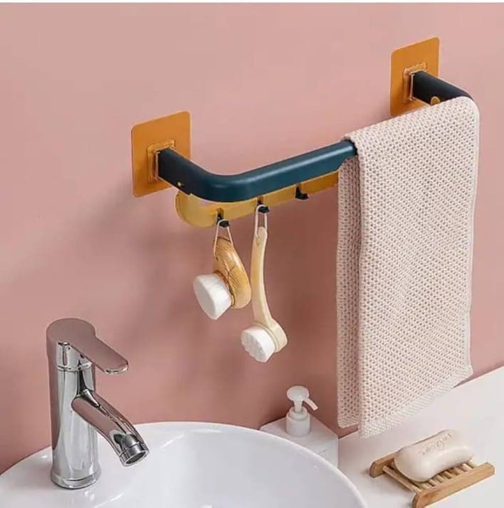 ARTO Double Layer Towel Rod Holder with Hooks - 36cm Wall Mounted Towel Rail & Kitchen Utensil Rack - No Drill Bathroom Organizer, Nordic Style Hanger for Hand Towels, Spatulas, Ladles (Multicolor)