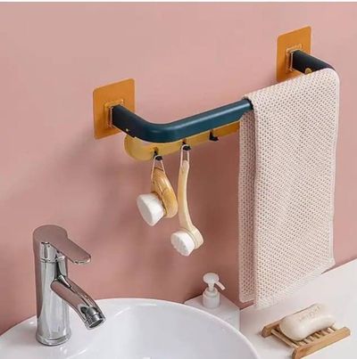 ARTO Double Layer Towel Rod Holder with Hooks - 36cm Wall Mounted Towel Rail & Kitchen Utensil Rack - No Drill Bathroom Organizer, Nordic Style Hanger for Hand Towels, Spatulas, Ladles (Multicolor)