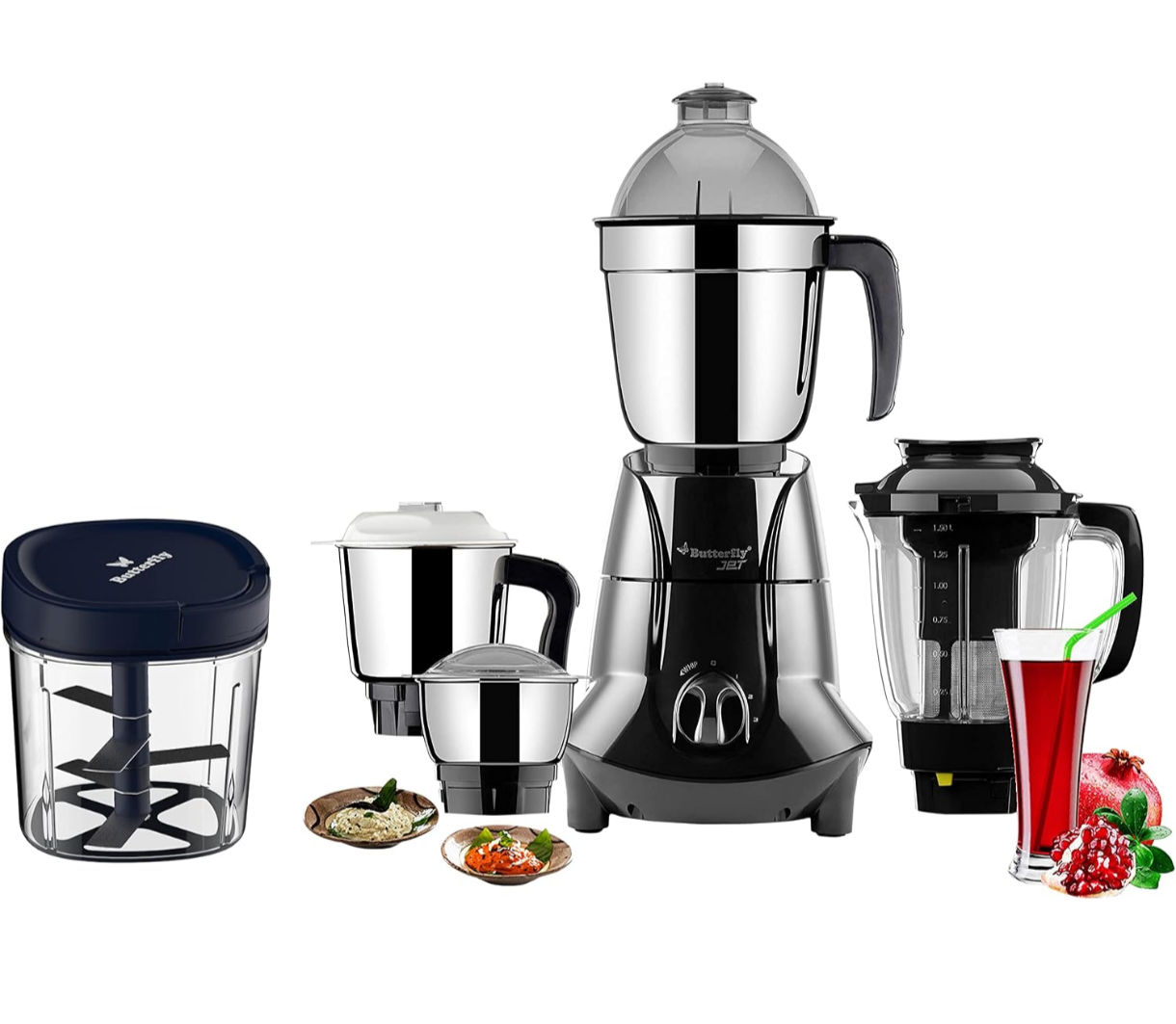 Butterfly 750W Mixer Grinder With Jars And Vegetable Chopper, Grey