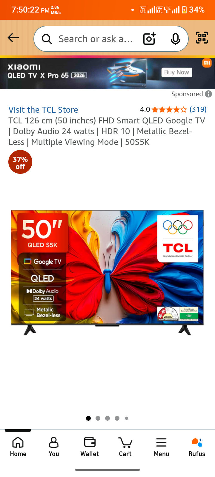 TCL 126 cm (50 inches) FHD Smart QLED Google TV | Dolby Audio 24 watts | HDR 10 | Metallic Bezel-Less | Multiple Viewing Mode | 50S5K