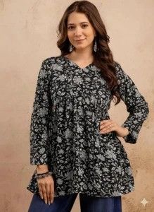 Vankar Women's Black & Multicolor Floral Print Regular Fit Top