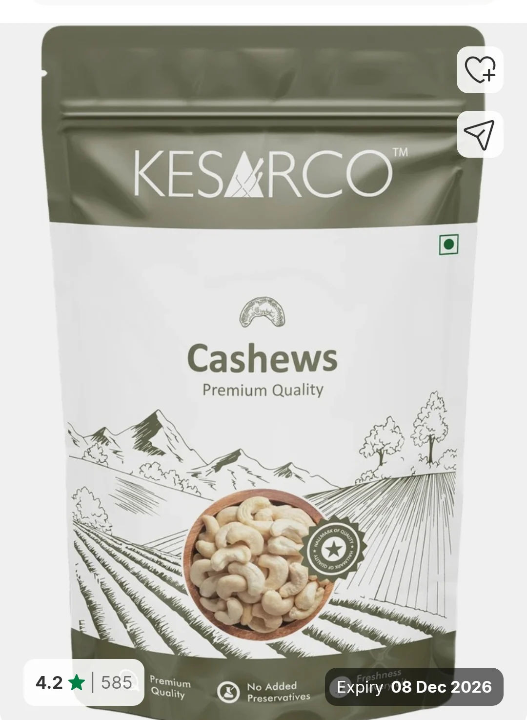 100% Natural Premium Whole Cashews , Kaju nuts, Gluten Free - 1 kg Cashews on Flipkart