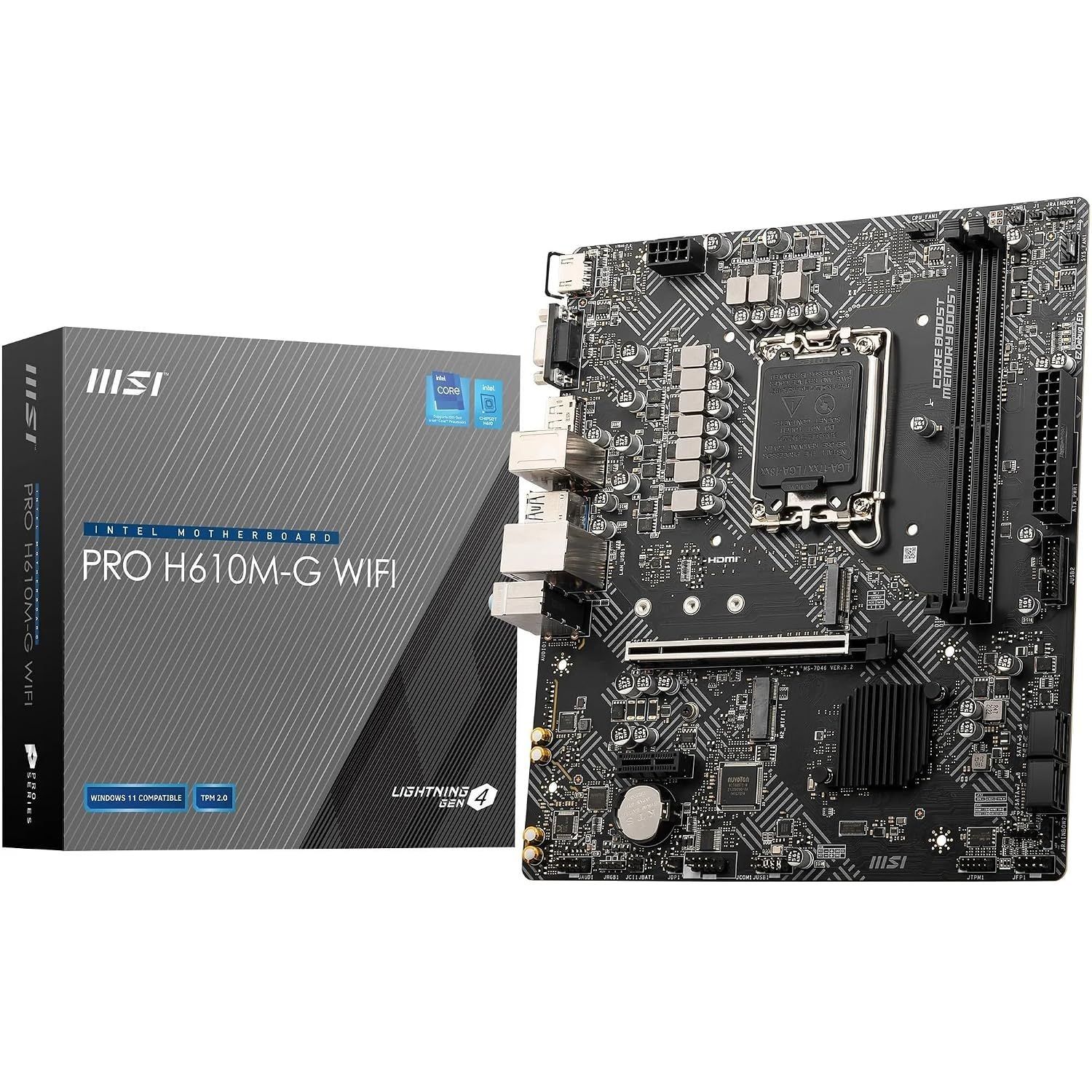 MSI PRO H610M-G WiFi Motherboard - Micro-ATX, Supports 12th/13th/14th Gen Intel Core Processors, LGA 1700 Socket, DDR5 Memory Boost 5600MHz/MAX, PCIe 4, 1G LAN, M.2 Slots, USB 3.2, Wi-Fi 6E
