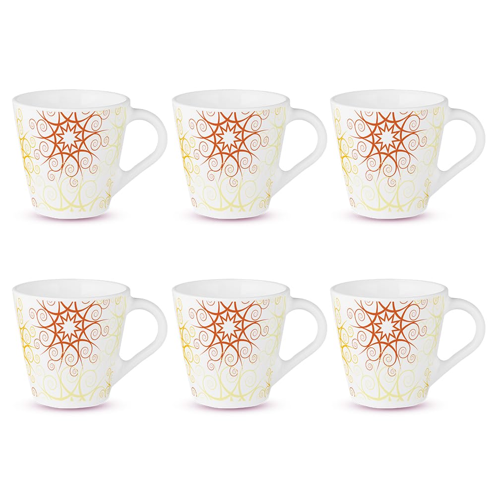 Larah by BOROSIL Novelty Series Zoya Opalware Mug, Set of 6 Tea/Coffee Mugs, 110 ml Each, Microwave & Dishwasher Safe, Bone-Ash Free, Crockery Set Ideal for Daily Use & Gifting, White