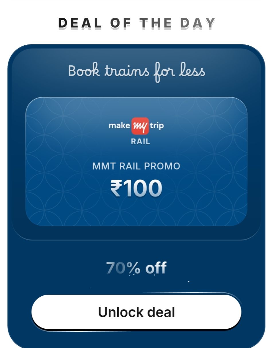 Hubble → Deal of the Day (MakeMyTrip Rail Giftcard 100 deno at ₹30)
