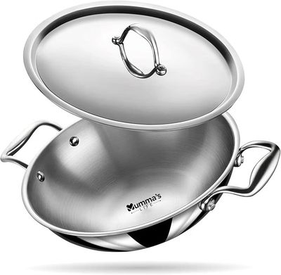 Mumma's LIFE Kadai for Cooking Stainless Steel, 3L Triply Stainless Steel Kadai for Cooking with Lid, 24 cm Diameter, 2.5 mm Thick
