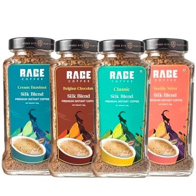 Rage Coffee Silk Blend Instant Coffee Combo Pack of 4 | Classic, Belgian Chocolate, Creamy Hazelnut & Vanilla Velvet | Premium Bold & Smooth Flavors | 120g Each Jar | 100% Arabica | Hot & Cold Brew - 480g