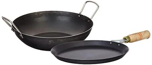 Amazon Brand - Solimo Sheet Metal Iron Cookware Set of 2 Pc (Tawa 23 cm Dia, Kadai 24 cm Dia) 100% Toxin-Free, Naturally Non-Stick, Long Lasting, Gas & Induction Stove-Friendly