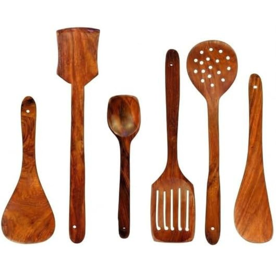 Green Wood Stylish Wooden 6 Pcs Cooking Spoon, Kitchen Tool Set - Serving Spoon, Table Spoon, Salad Spoon, Measuring Spoon | Medium, Non-Chemical, Eco-Friendly (Brown1)
