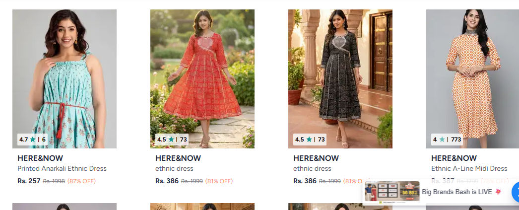 Up to 87% OFF Big Brands Bash! HERE&NOW Ethnic Fusion Dresses Starting @ Rs.257