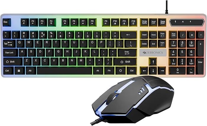 Zebronics Wired Keyboard & Mouse Combo, 104-Key, 1200 DPI, ₹ Key & Multimedia Controls, Ergonomic Mouse, 1.3m Cable, Multicolor LED (War 2, White + Black)