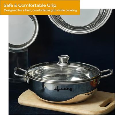 Lifelong 4 piece Stainless Steel cookware Set | 22 cm Kadai & Fry Pan 22 cm with Glass Lid | 14 cm Sauce Pan |