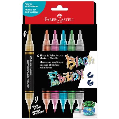 Faber-Castell Black Edition Shake & Paint Acrylic Marker - Metallic Colours, Box of 6 | Dual-Tip, Water-Based, Permanent Paint Markers for Multi-Surface Use