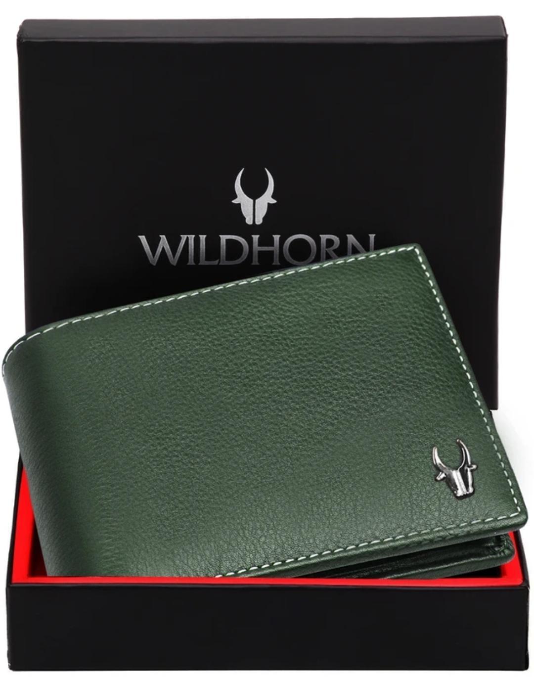Wild horn Men Casual Green Genuine Leather RFID Wallet on F