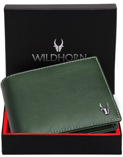 Wild horn Men Casual Green Genuine Leather RFID Wallet on F