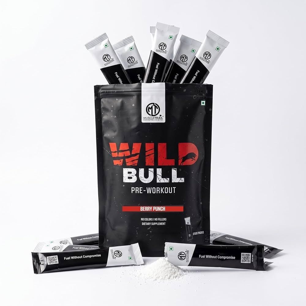 MuscleTrail Wild Bull Pre-Workout Supplement Powder | (14 Sticks Pack, Berry Punch)