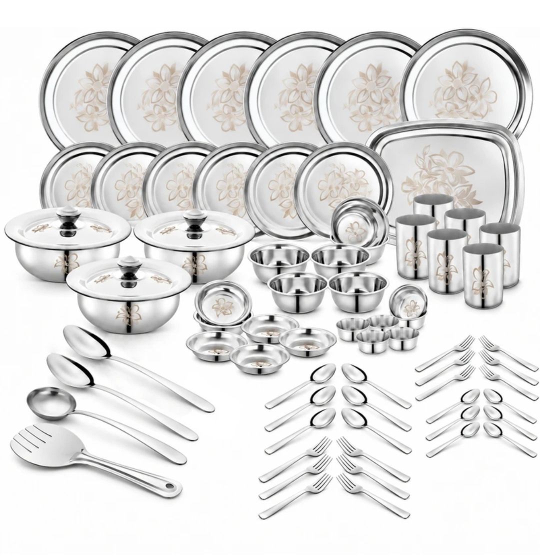 Classic Essentials Pack of 71 Stainless Steel Dinner Set Serves 6 People Heavy Gauge Kitchen Set Permanent Laser-Glory Dinner Set (Silver)