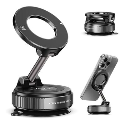 pTron Dockit 360° Magnetic Car Mobile Holder, Strong Vacuum Suction, Universal Car Mount for Dashboard, Gym, Mirror, Compact, Foldable, Rotatable Mobile Stand Compatible with All Smartphones (Black)