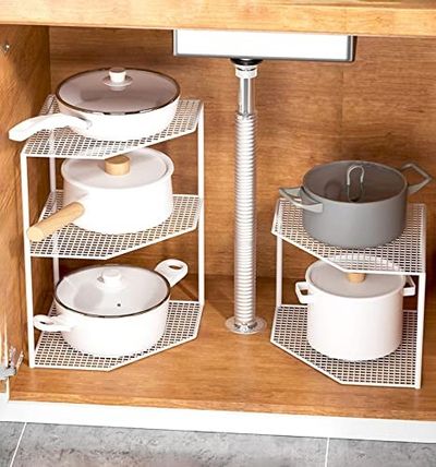 wolpin (1 Pc 3-tier Storage Shelf Kitchen Cabinet Stand Rack Organizer Metal Universal Pot Pan Holder for Kitchen Platform/Cabinet/Floor - White