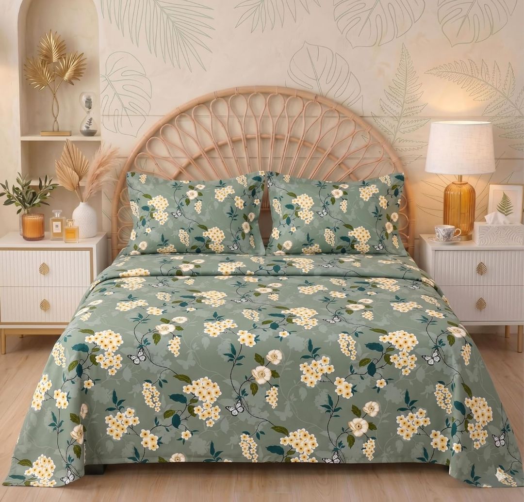 VAS COLLECTIONS Floral Printed King Size Cotton Bedsheet with 2 Pillow Covers | Luxury Double Bed Bedding Set 86x88 Inches | Ultra Soft, Breathable & Wrinkle Resistant (Pastel Eucalyptus)