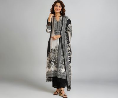 Libas Women's Black Silk Blend Straight Fit Floral Printed Suit Set