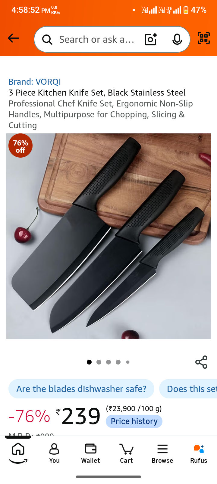 Brand: VORQI 3 Piece Kitchen Knife Set, Black Stainless Steel Professional Chef Knife Set, Ergonomic Non-Slip Handles, Multipurpose for Chopping, Slicing & Cutting