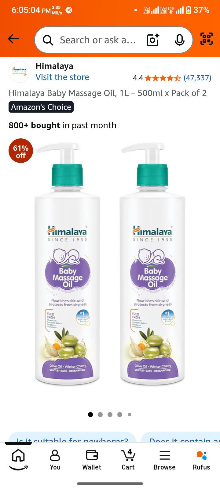 Himalaya Baby Massage Oil, 1L - 500ml x Pack of 2