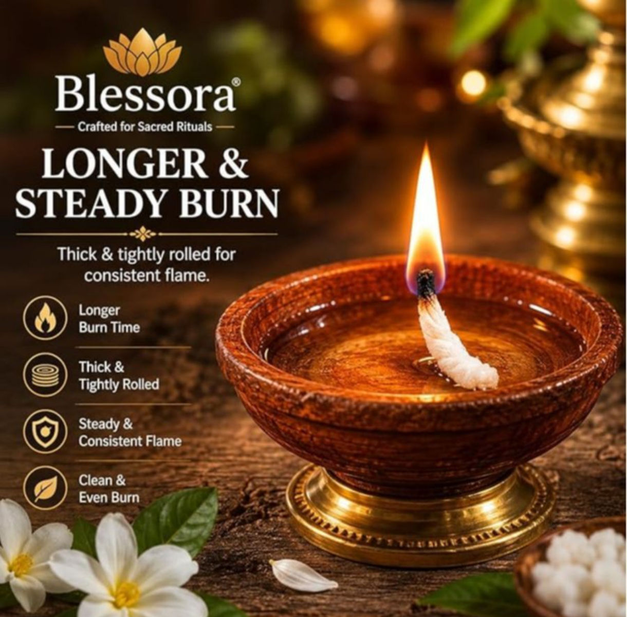 (Pack of 1100 Pcs) Round Cotton Wicks Diya Batti - White Phool Rui for Pooja | Long Lasting Aarti Use | Temple Daily Worship