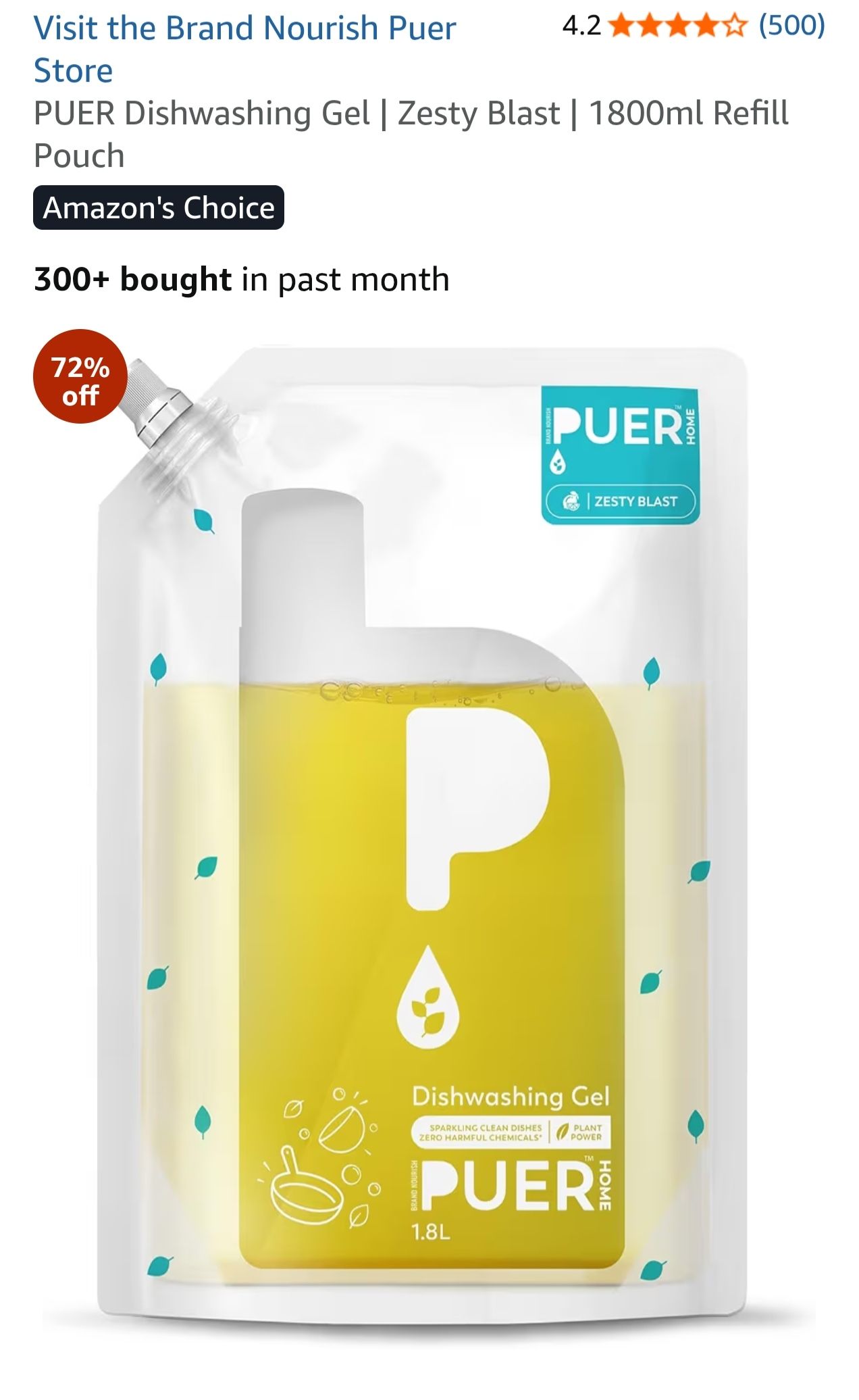PUER Dishwashing Gel 1800ml Refill Pouch for ₹ 99