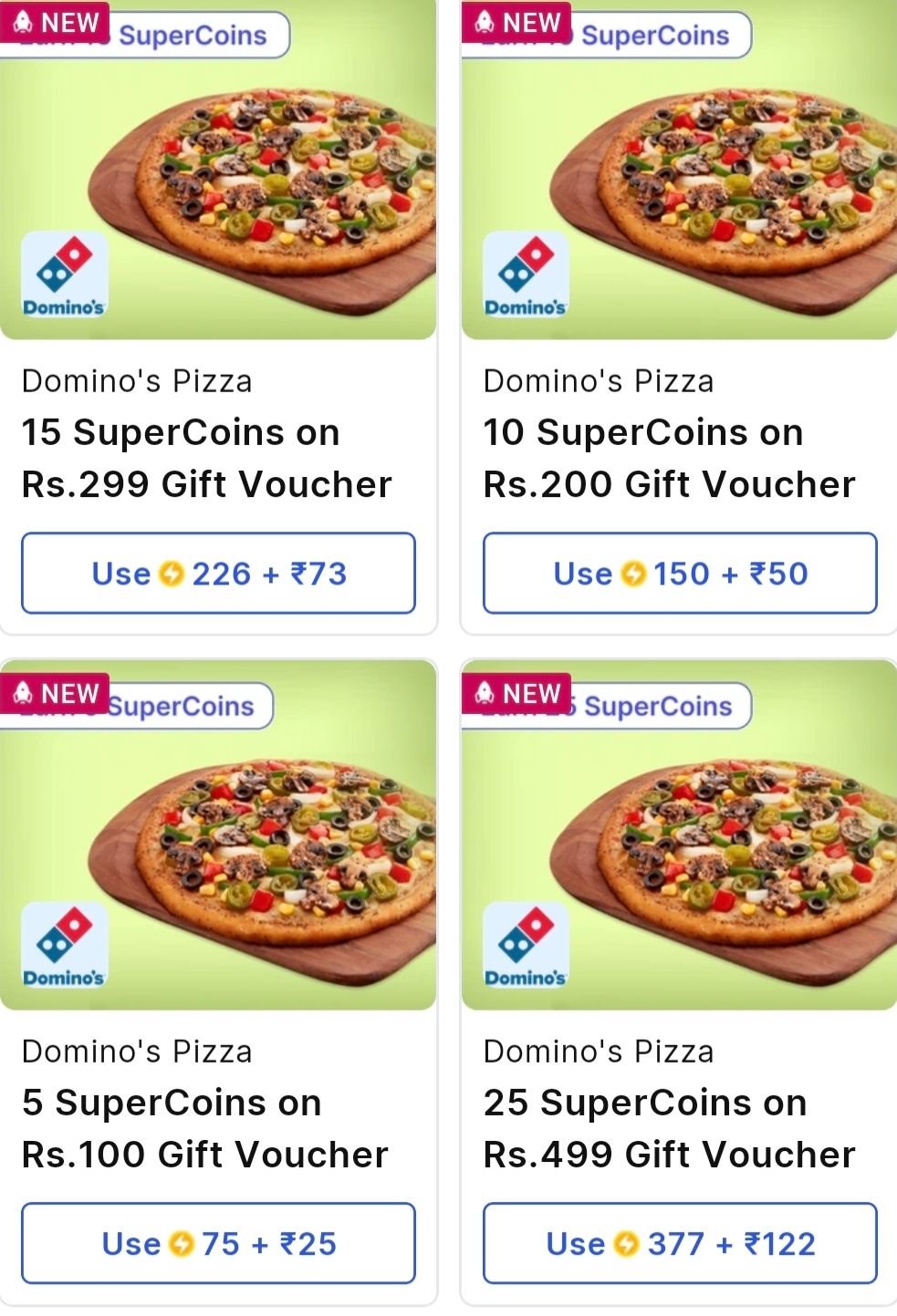 Supercoins - Get Dominos 100gv at 75% off and 5 supercoins as cashback